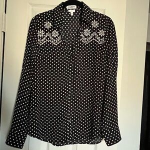 Express Black and White Embroidered Polka Dot Shirt